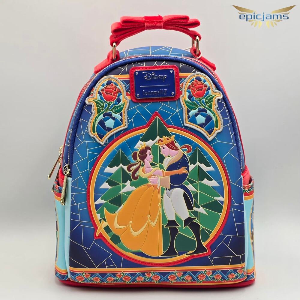 Loungefly Disney Beauty and the Beast Stained Glass Belle Roses Mini Backpack